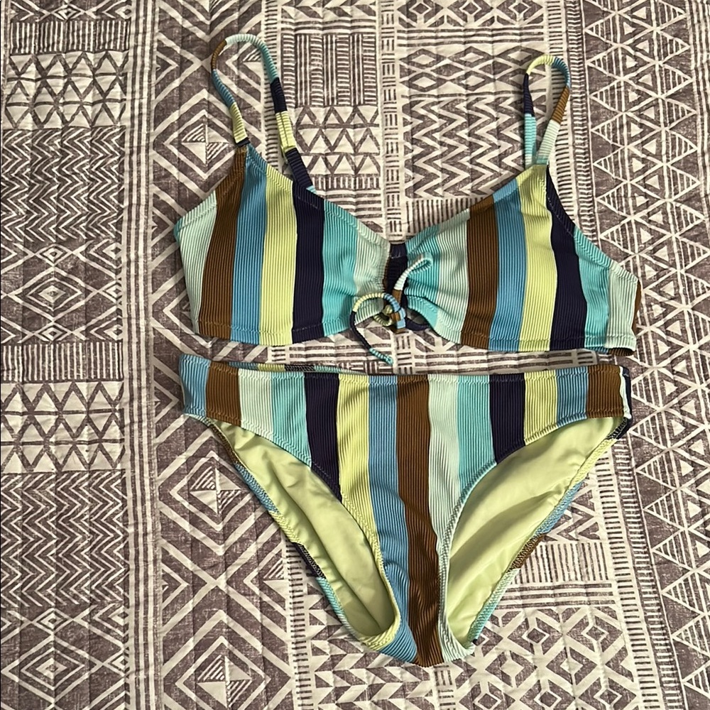 Aerie Striped Bikini Set in Green and Brown